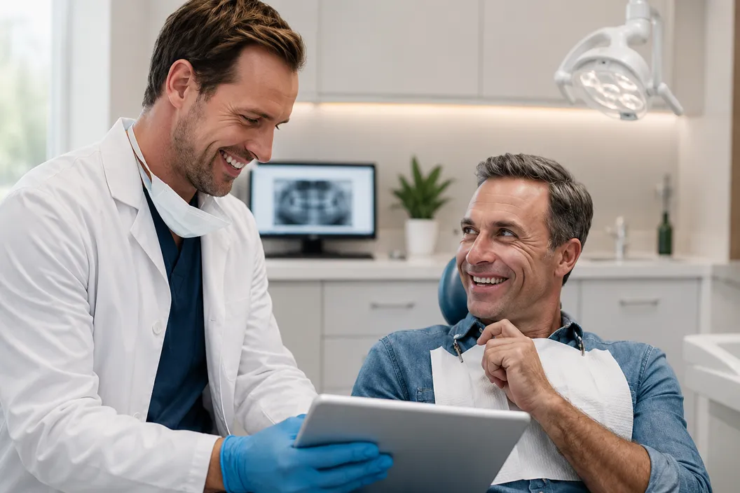 Patient discussing dental implant treatment with a dentist